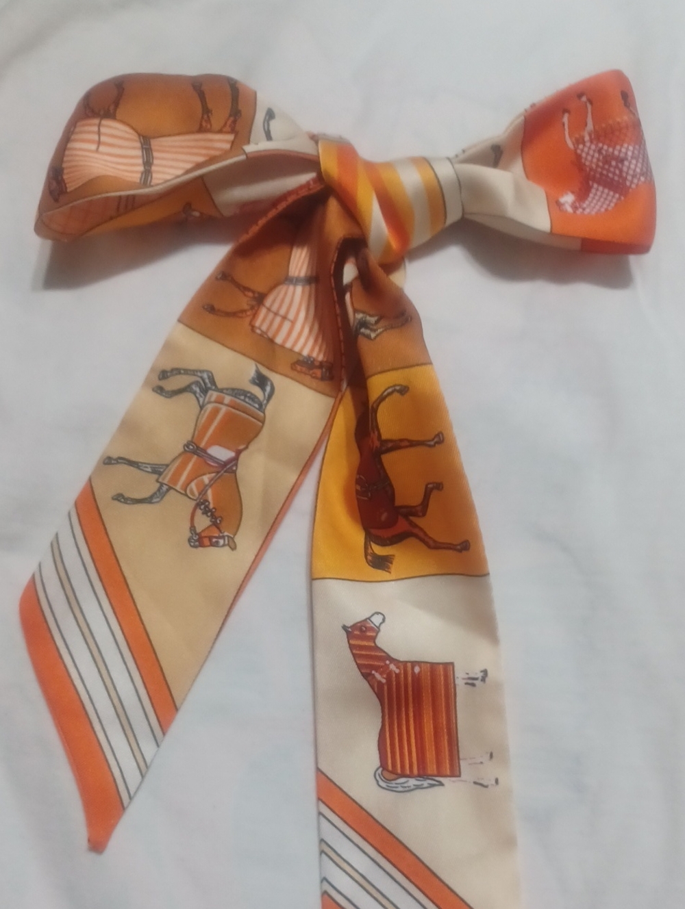 Silk Scarf Tie with Orange and Brown Equestrian Motif-Reversable